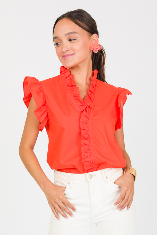 Ruffle Trim Top, Tomato Red