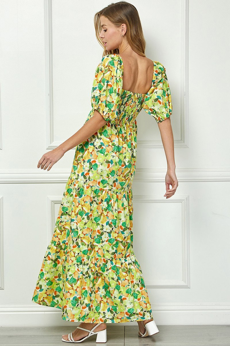 green emerald velvet dress Kiara Printed Smocked Maxi Dress