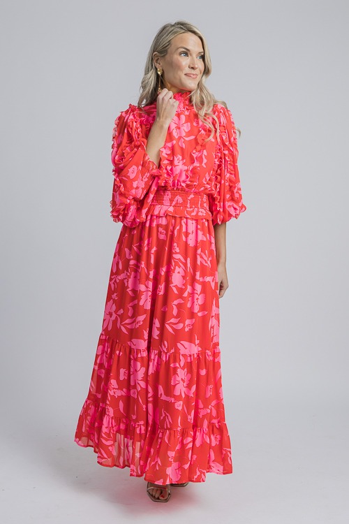 Ruffled Floral Maxi, Red/Pink