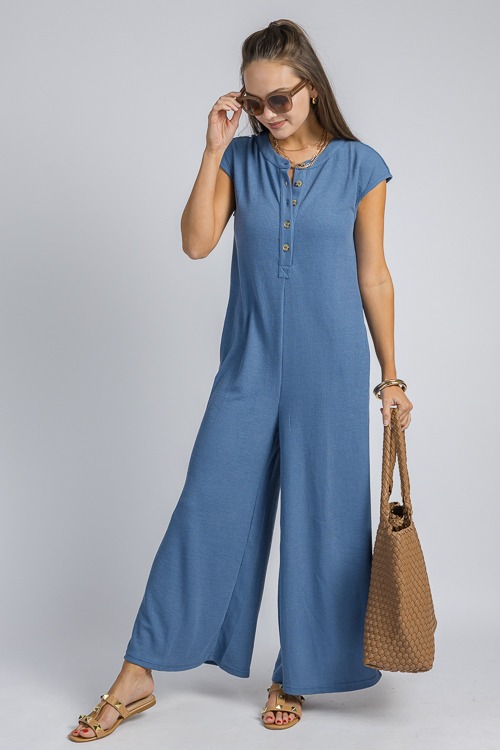 Waffle Knit Henley Jumpsuit, Blue