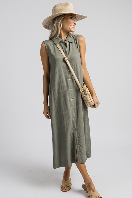 Linen Button Down Midi, Olive