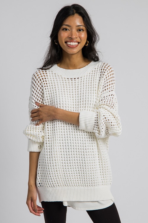 Solid Open Weave Sweater, White
