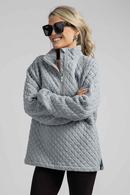 Quilted Knit Zip Pullover, H. Grey