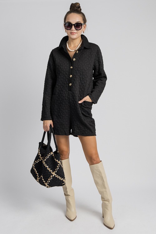 Texture Knit Romper, Black