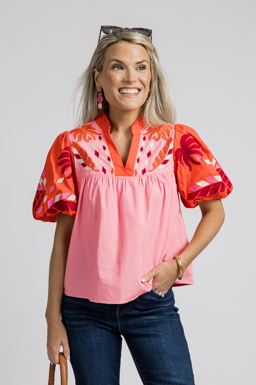 Colorblock Embroidery Top, Pink