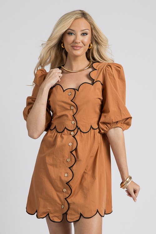 Scallop Contrast Dress, Camel