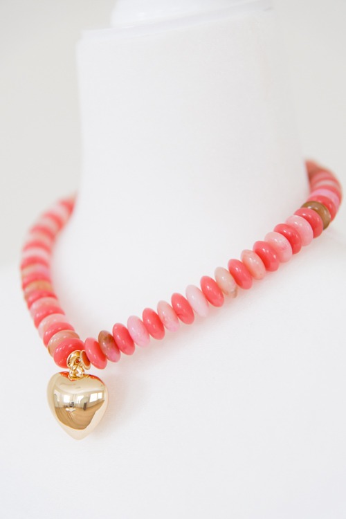 Beaded Heart Necklace, Coral