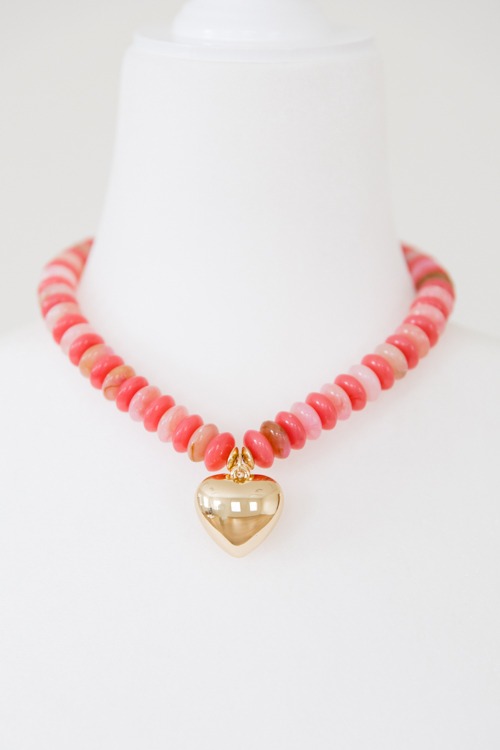 Beaded Heart Necklace, Coral