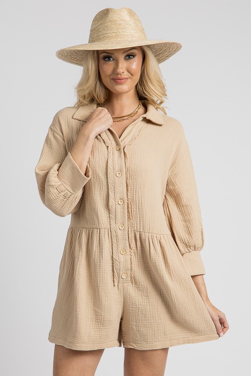 Button Up Gauze Romper, Mocha