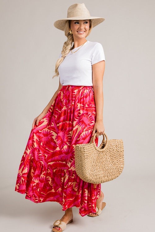 Leaf Print Maxi Skirt, Pink