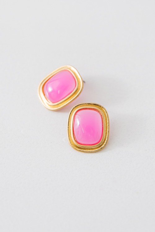 Stone Square Studs, Fuchsia