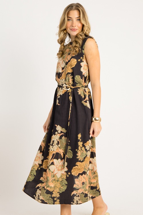 Floral Elegance Belted Maxi, Black