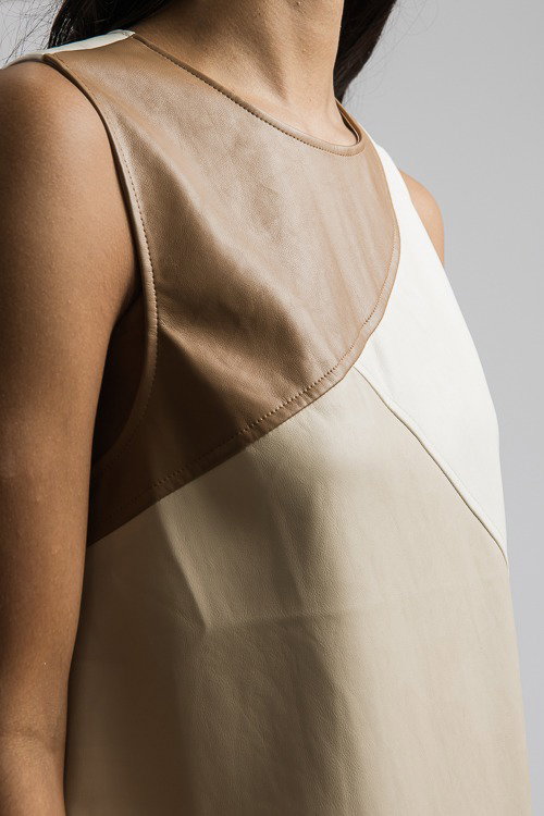 Colorblock Leather Dress, Taupe - Dresses - The Blue Door Boutique
