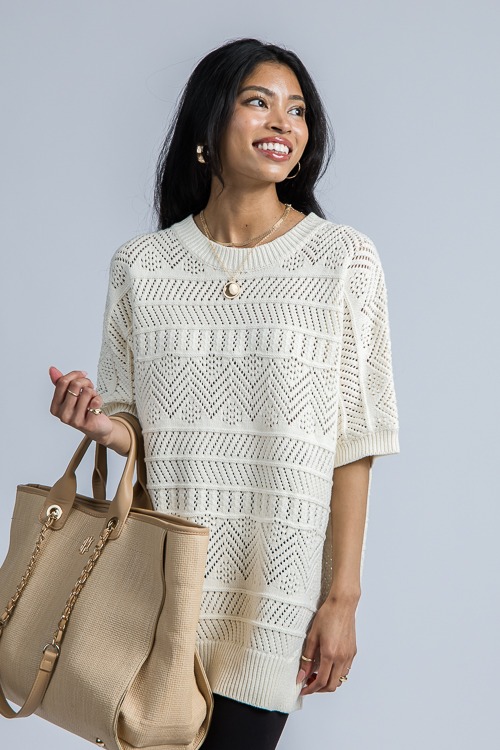 Slouchy Pointelle Sweater, Ivory