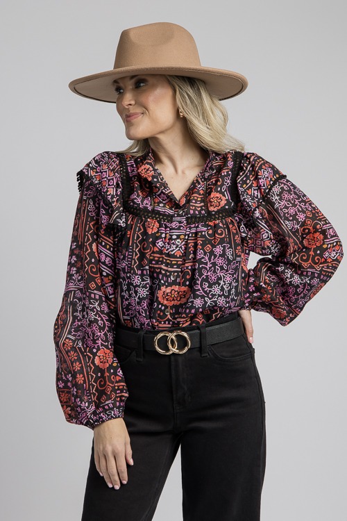 Athena Floral Mix Top, Black Multi