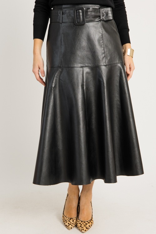 Belted Leather Midi Skirt, Black