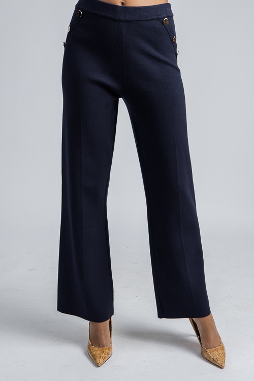 Gold Button Knit Trousers, Navy