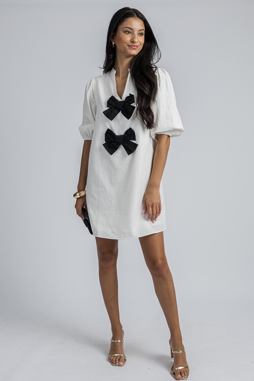 Bow Contrast Dress, Ivory/Black