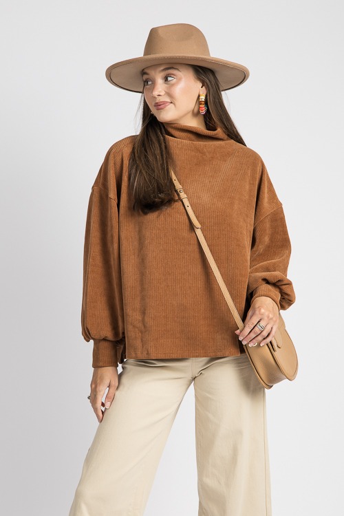 Corded Mock Neck Top, Camel