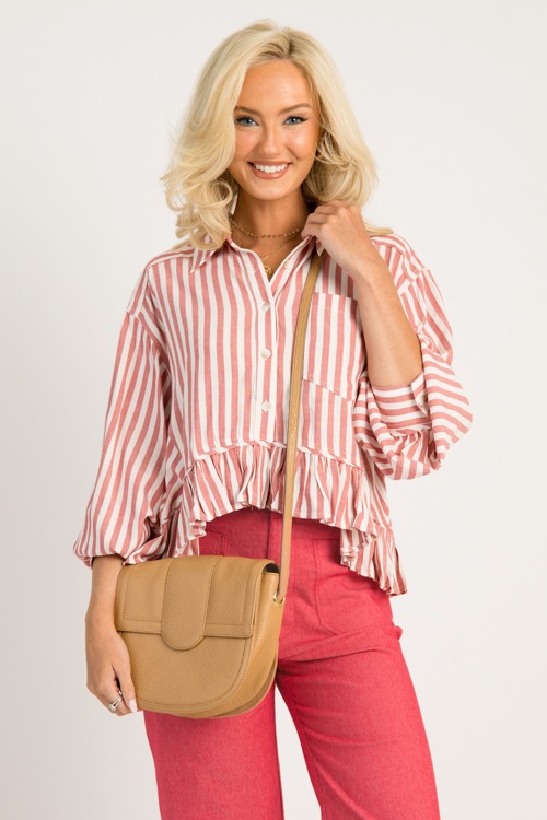Ruffle Hem Stripe Shirt, Red