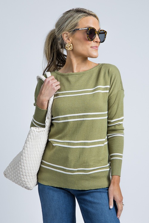 Boat Neck Stripe Sweater, Sage