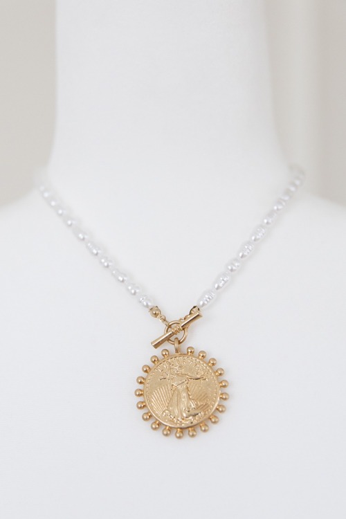 Coin Pendant & Pearl Toggle Necklace