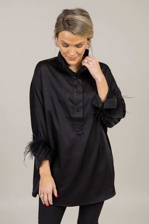 Feather Sleeve Tunic Shirt, Black