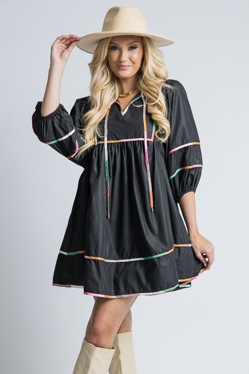 Stripe Trim Babydoll Dress, Black