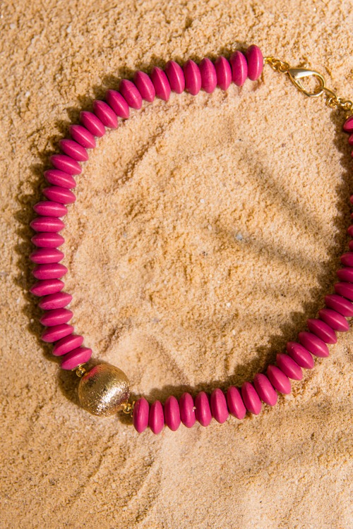 Wooden Bead & Gold Accent, Fuchsia