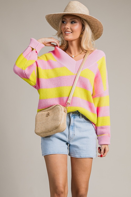 V-Neck Stripe Sweater, Pink/Lime