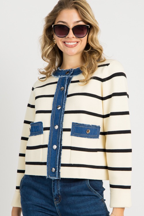 Striped Denim Trim Jacket, Ecru