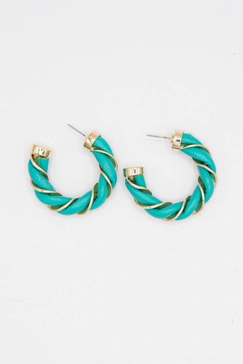 Twisted Leather Hoops, Teal