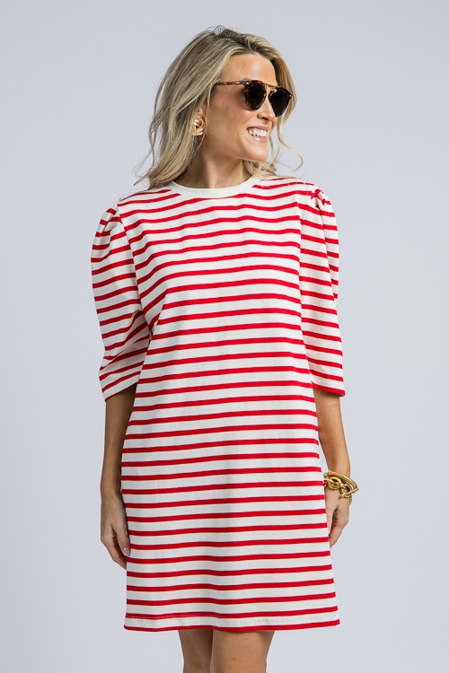 Puff Sleeve Stripe Dress, Red