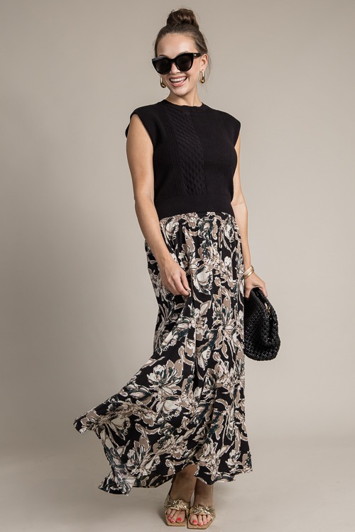 Printed Button Up Maxi Skirt, Black - 4K7A9524.jpg