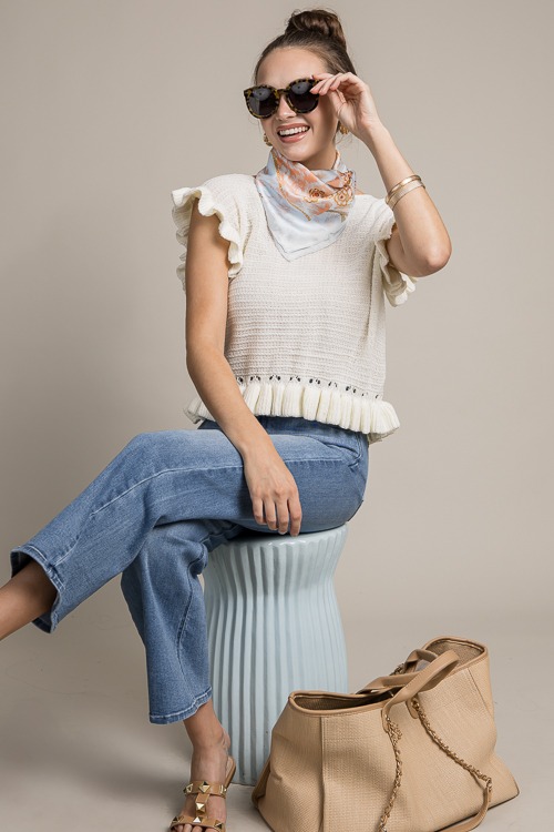 Ruffle Trimmed Sweater Top, Off White