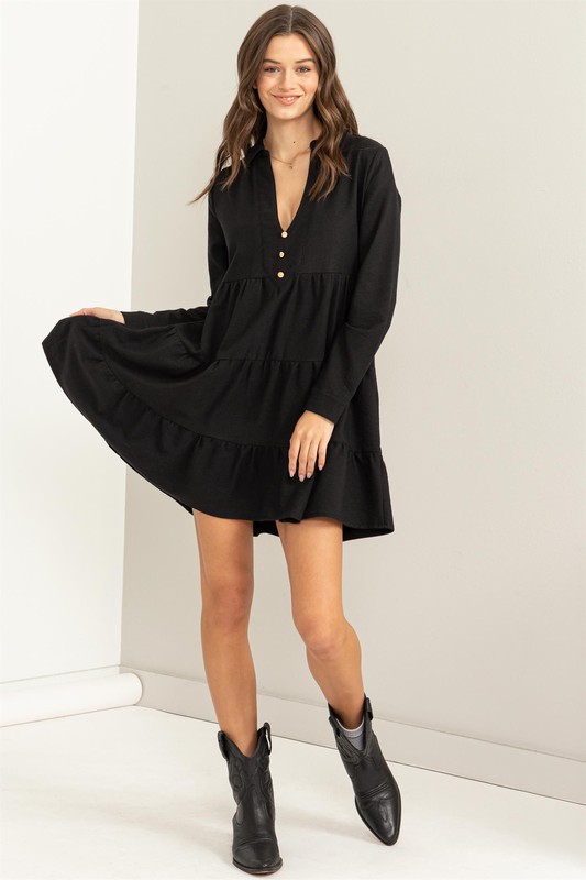Gold Button Tier Dress, Black
