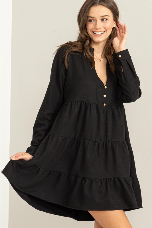 Gold Button Tier Dress, Black