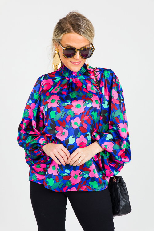 Vivo Jamila Side Drape Top - Blue Floral Print