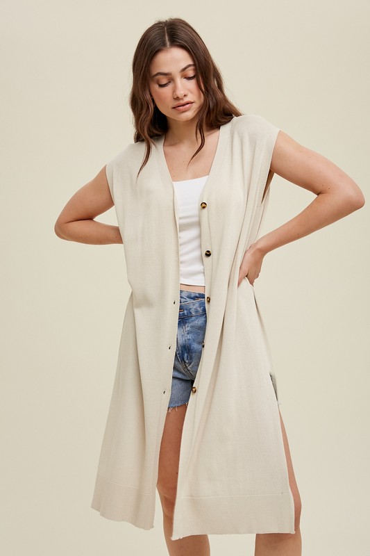 Sleeveless Button Cardi, Natural