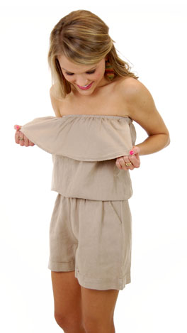 Linen Ruffle Romper, Khaki