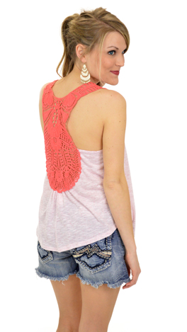 Crochet Back Tank, Coral