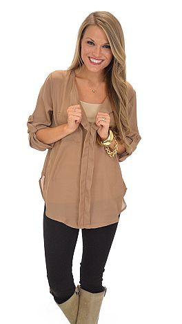 Tab Sleeve Blouse, Tan