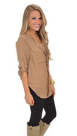 Tab Sleeve Blouse, Tan