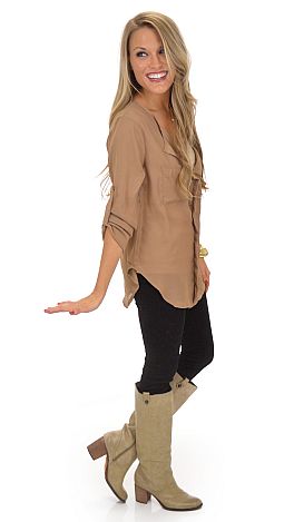 Tab Sleeve Blouse, Tan