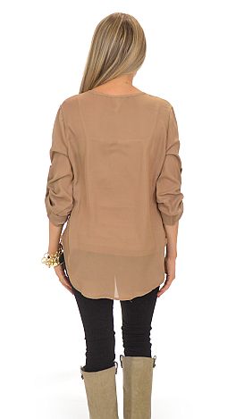 Tab Sleeve Blouse, Tan