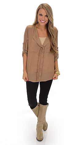 Tab Sleeve Blouse, Tan