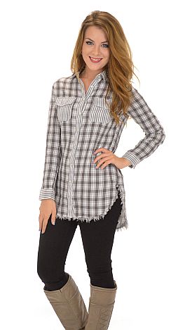 Frayed Hem Plaid Tunic