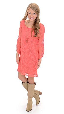 Long Sleeve Lace Dress, Coral