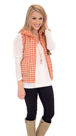 Gingham Puffer Vest, Orange