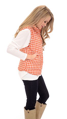 Gingham Puffer Vest, Orange